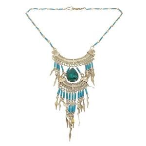 Vintage Boho Turquoise Beaded Necklace Layered Silver Fringe Peruvian 70s Hippie